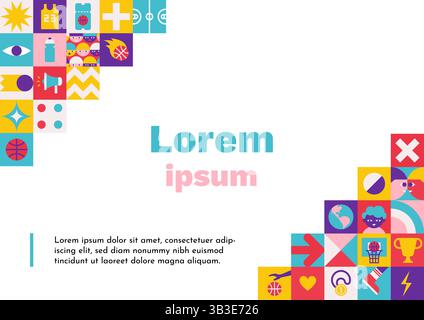Vector flat horizontal poster A4 size with square abstract icons which are symbols of world basketball championship or cup. Template with copy space, Stock Vector