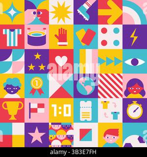 Vector seamless pattern with square abstract compositions with geometrical icons which are symbols of world football championship (cup). Minimalistic Stock Vector