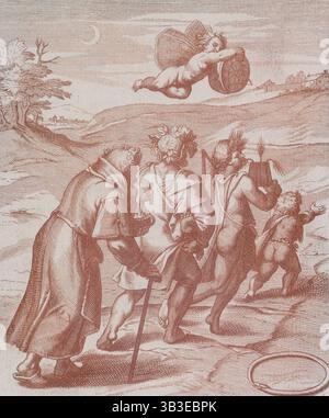 Four figures in a landscape being guided by a cherub in the sky, 1777. A small boy, pointing the way, leads three men towards a building in the distance. All three men are carrying an item. The man at the back carries a bowl with smoke rising from the contents, the man in the middle wears a garland of vine leaves and grapes, and the man in the front wears ears of wheat in his hair. The butterfly-winged cherub in the sky guides them by carrying a compass or dial. In the bottom right corner is an ouroboros, a snake forming a perfect circle by swallowing its own tail. The original artist, Otto Va Stock Photo