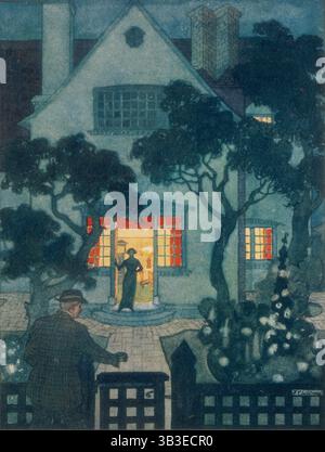 Home, 1913. A husband, back from work, is about to open the gate, while his wife stands in the doorway to welcome him. A traditional view of the family where the wife is expected to stay at home and wait on the bread-winning husband. From "The Art and Craft of Home-Making, with an appendix of 200 household recipes, by Edward W. Gregory. Illustrated by a hundred pen-and-ink drawings by the author &amp; thirty photographs". (Thomas Murby &amp; Co, 1913). Stock Photo