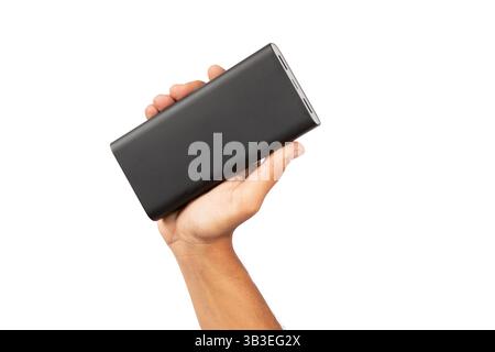 Male hand holding a power bank isolated on white background  Stock Photo