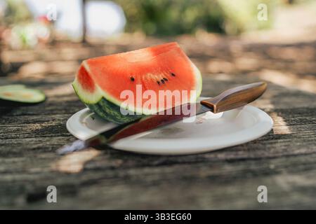 Close-up of fresh watermelon slice on paper plate with knife, resting on rustic wood outdoors. Concept of summer fruit, simplicity and natural refresh Stock Photo