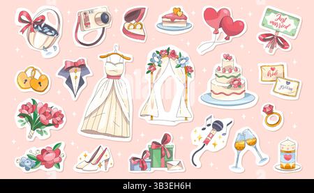 Wedding icons vector set. Marriage accessory for ceremony. Engagement items for bride and groom celebration. Tuxedo and dress, ring, flower, camera. Stock Vector