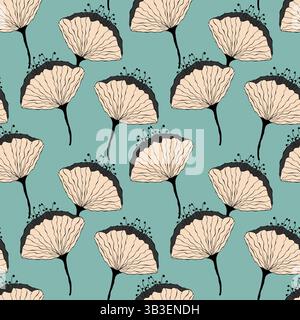 Flowers pattern, doodle hand drawing flowers on blue pastel background. Vector illustration Stock Vector