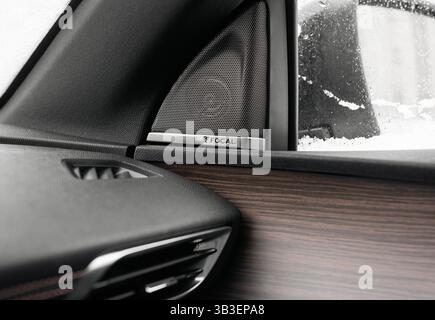 Corner of front door and front panel in a car. Interior of new car with wooden trim and Focal audio system speaker. Stock Photo