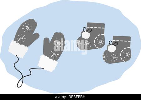Pair Mittens on rope and Booties with buboes Winter clothes with snowflakes pattern Sticker Icon Set. Isolated Vector illustration Thematic cards Icon Logo Branding, price tag or promo leaflets, print Stock Vector
