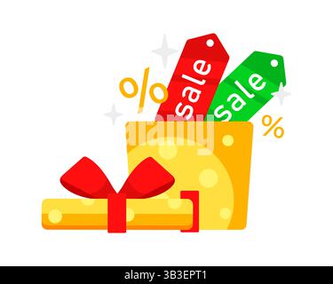 Gift box and sale tags coming out, offering discounts and promotions Stock Vector