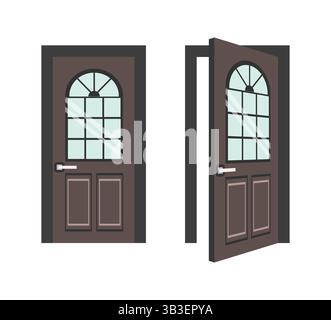 Brown wooden door, closed and open, showing passage from one place to another Stock Vector