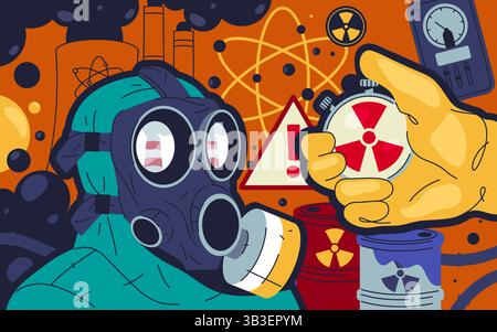 Radiation and nuclear power plant hazard banner. Vector clipart for warning about radioactive contamination, industrial risks, atomic power safety. Stock Vector