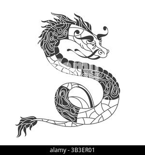 Chinese dragon tattoo or folklore China snake. Vector pencil drawing of traditional Asian mascot, mythical creature. Folklore and mythology serpent. Stock Vector
