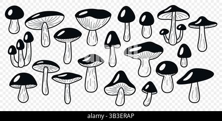 Wild Black and White Line Art Mushroom Vector Set. Flat Hand Drawn Forest Fungi Collection. Porcini, Bay Bolete, Birch Bolete, King Mushroom Icon Set Stock Vector