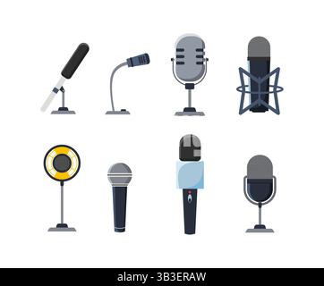 Eight different microphones recording, broadcasting, and interviewing equipment Stock Vector