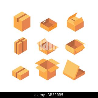Set of nine isometric cardboard boxes representing packaging for shipping and storing goods Stock Vector