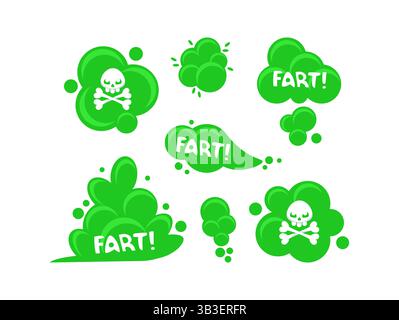 Green fart clouds with skull and crossbones, representing smelly and toxic fumes Stock Vector