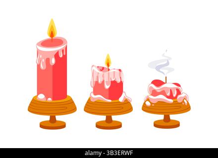 Three red candles on wooden candle holders showing different stages of burning Stock Vector