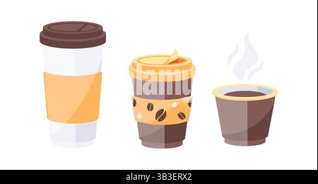 Three variations of disposable coffee cups showing different stages of use Stock Vector