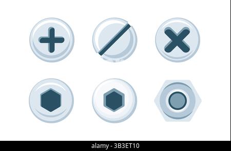 Different types of screws heads and bolts for construction and repair representing various shapes Stock Vector