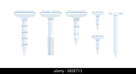 Set of screws and nails showing different heads and threads for construction and carpentry projects Stock Vector