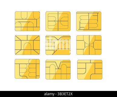 Sim card chips showing different integrated circuit patterns for mobile phone Stock Vector