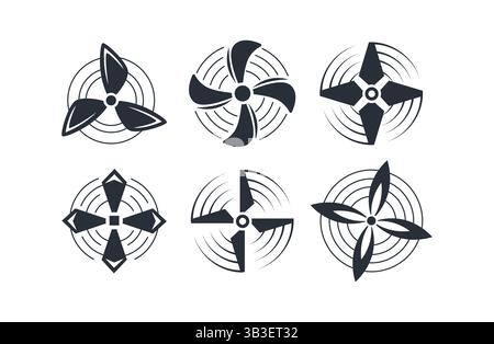 Six black stylized propellers rotating and creating circular waves Stock Vector