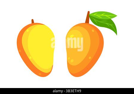 Fresh Mango Fruit Showing Whole and Cross Section with Green Leaf Stock Vector