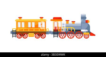Colorful vintage steam train pulling passenger wagon is running on railway Stock Vector