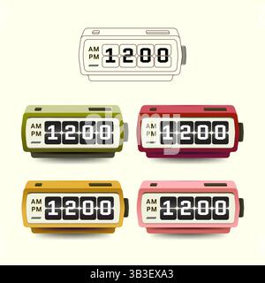 Colorful retro flip digital clock illustrations with AM and PM display. Includes four color variations. Stock Vector