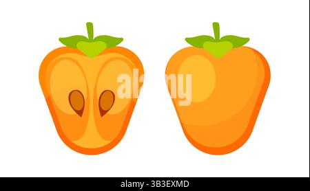 Fresh Persimmon Fruit and Half Persimmon Showing Seeds and Pulp Stock Vector