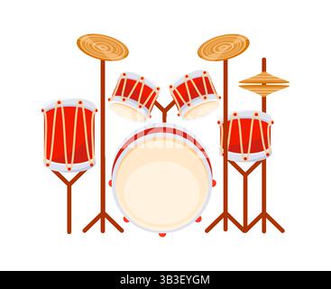 Red drum kit with cymbals standing on a white background Stock Vector