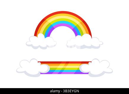 Colorful rainbow arching over white clouds on transparent background Stock Vector