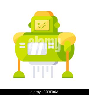 Cute green robot hovering and winking with propulsion jets Stock Vector