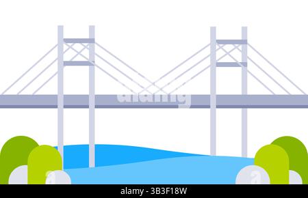 Cable stayed bridge crossing blue water with green trees on riverbank in flat design Stock Vector