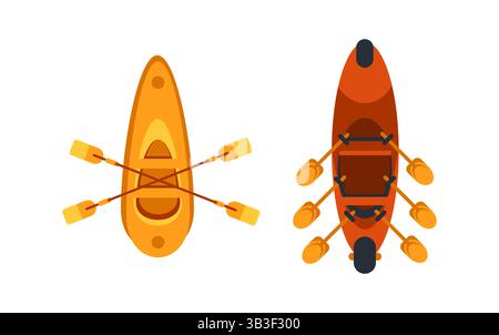 Kayaks and canoes seen from above with paddles ready for water sports Stock Vector
