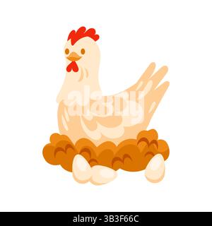 Hen sitting on nest with eggs, poultry farming concept Stock Vector