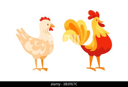 Hen and Rooster standing side by side representing poultry farming Stock Vector