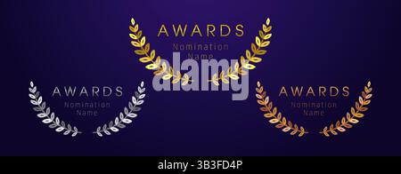 Set of artistic brushing handdrawn style round frames. Gold, silver and bronze awards design. Awarded palm branches. Achievement symbol of the first Stock Vector