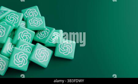 Berlin, Germany – 29th April, 2025: Logos of the generative artificial intelligence chatbot ChatGPT in a pile on green background. Stock Photo