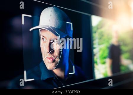 AI deepfake. Deep fake, identity theft or fraud scam video. Face recognition with artificial intelligence. Photo detection. Machine learning. Stock Photo