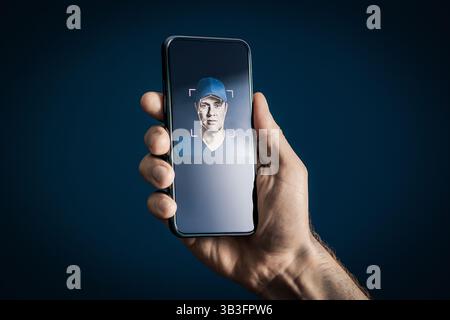 Deep fake or face recognition. AI deepfake or identity verification with phone. Scam, fraud or theft security. ID scan from eye. Stock Photo