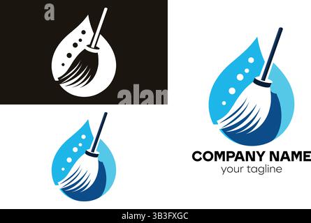 Cleaning service logo with broom and water droplet Stock Vector