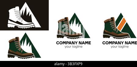 Hiking boot logo with mountain background variations Stock Vector