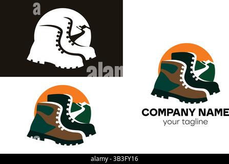Hiking boots with mountain and sun logo variations Stock Vector