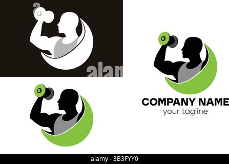 Man lifting dumbbell with crescent moon logo variations Stock Vector