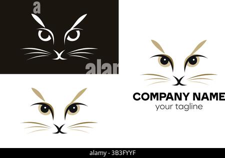 Cat face logo designs with whiskers and eyes in black and white and golden colors for company branding Stock Vector