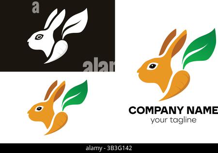 Cute Rabbit Head Logo Design with Carrot and Leaf Elements for Natural Food and Pet Brands Stock Vector