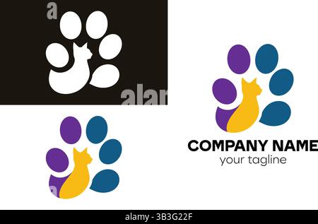 Cute Cat in Paw Print Logo Design for Feline-Focused Pet Services and Animal Shelters Stock Vector