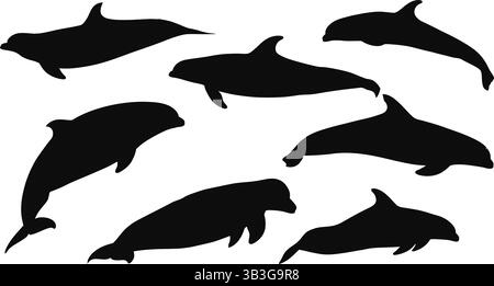 Dolphin silhouettes set, vector illustration Stock Vector