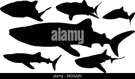Dynamic Collection of Diverse Fish and Shark Silhouettes Showcasing Marine Life Underwater Stock Vector