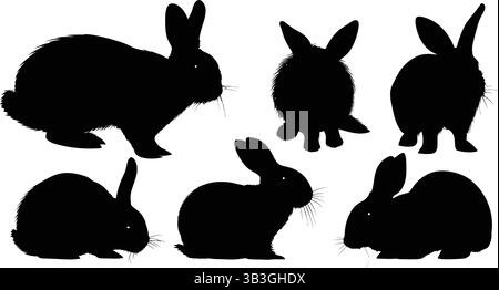 Silhouettes of rabbits in various poses on white Stock Vector