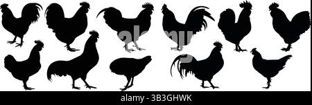 Silhouette illustration of various rooster shapes Stock Vector